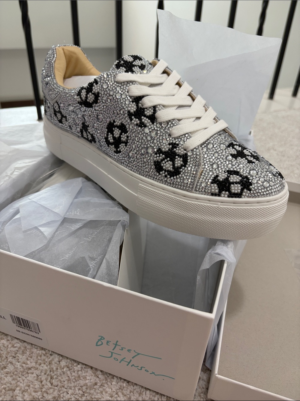 NIB Betsey Johnson Silver and Black Crystal Soccer Sneakers